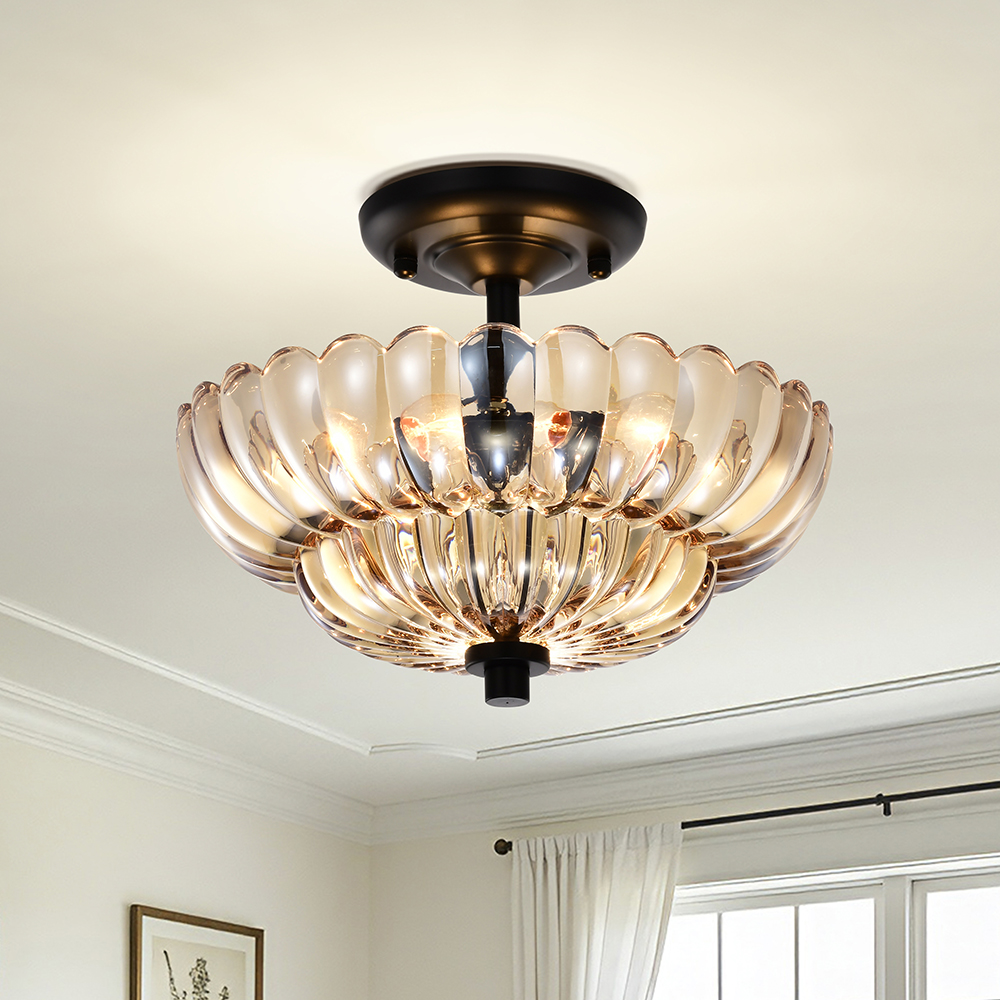 Chloe Modern 3-Light Black Semi Flush Mount-Amber Textured Glass Bowl Shade FD-1056-THGZ