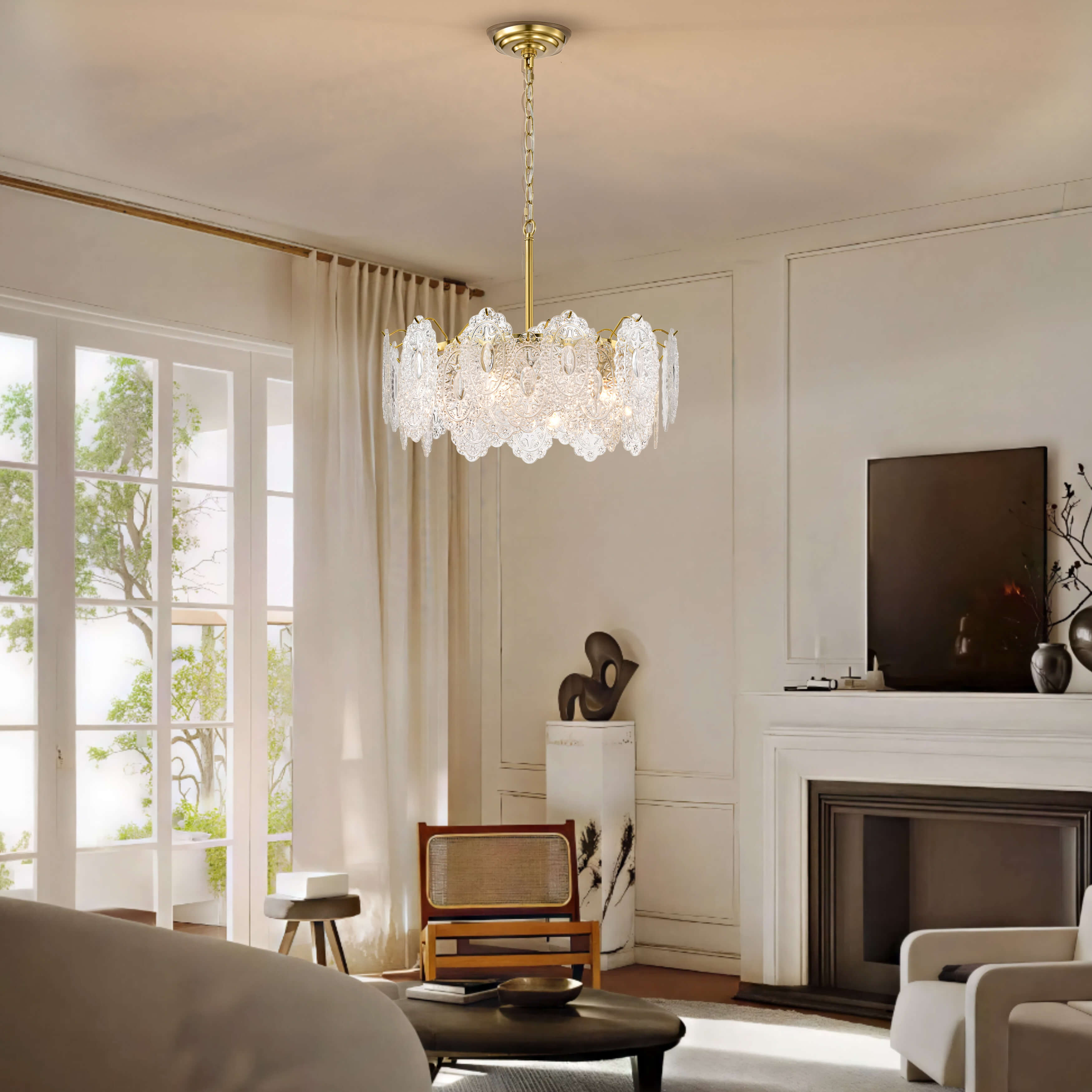 Alma Brushed Shiny Brass 6-Light Tiered Leaf-shaped Glass Chandelier FD-2160-WHP