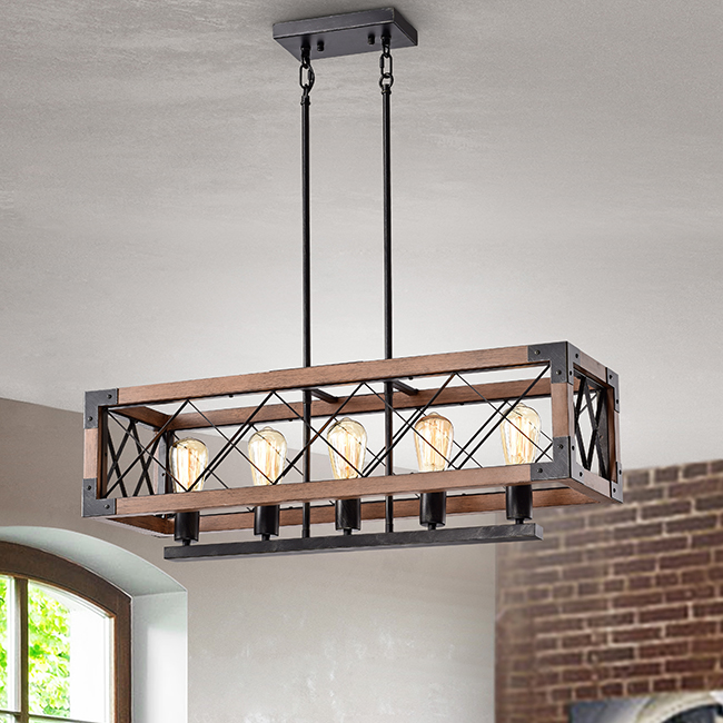 Aurora Antique Black Rectangular Metal and Natural Wood Chandelier FD-6997-QNN