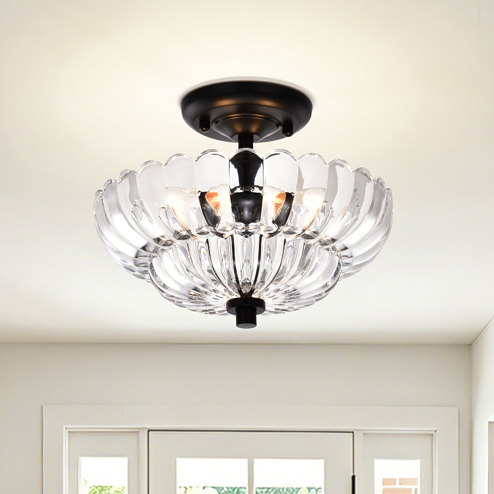Chloe Modern 3-Light Black Semi Flush Mount-Clear Textured Glass Bowl Shade FD-8008-WZNK